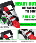 Heavy Duty Self Retracting Ratchet Straps No Sweat One Touch Retraction Quick Release Side Button For Truck Cargo Tie Downs Heavy Load Premium Hardware, 2 in x 12 ft, auto retract mechanism.