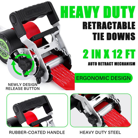 Heavy Duty Self Retracting Ratchet Straps No Sweat One Touch Retraction Quick Release Side Button For Truck Cargo Tie Downs Heavy Load Premium Hardware, 2 in x 12 ft, auto retract mechanism.