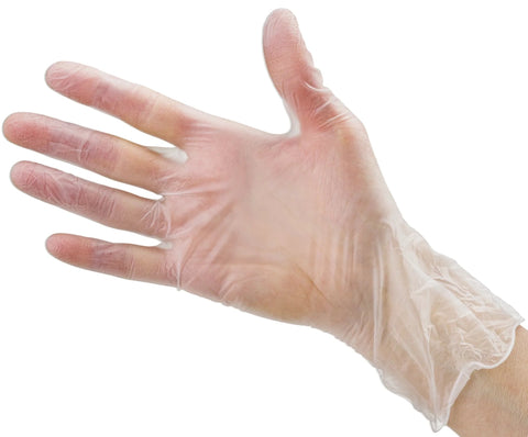 Vinyl disposable glove worn on hand; clear, latex-free, large size