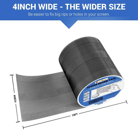 Easy Patch Window Screen Repair Kit With 4 Inch By 10 Foot Fiberglass Mesh Tape shown unrolled with measurements