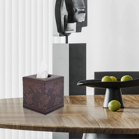 Cool Leather Tissue Box Holder With Magnetic Bottom Modern Square Cover For Napkins And Facial Tissues Durable MDF Frame Soft Leather Finish Perfect For Home Hotel Restaurant Office And Car Decor placed on elegant table