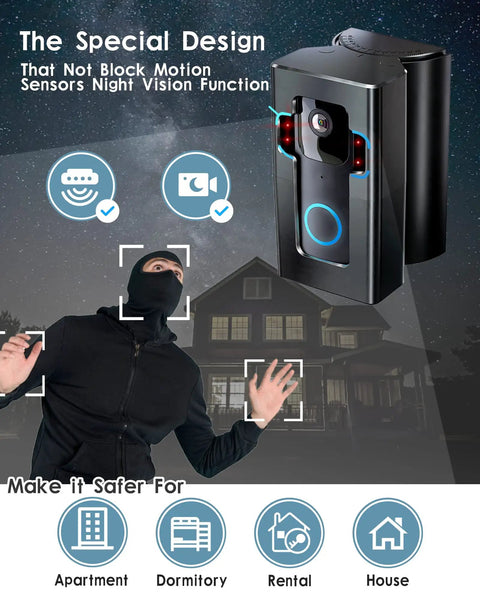 Adjustable Doorbell Angle Mount 35 To 145 Degrees Anti Theft Security Bracket with motion detection, overlay on house silhouette.
