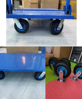 Heavy Duty Rubber Swivel Caster Wheels 6 8 10 Inch Pneumatic quiet rolling utility cart casters with reinforced steel hub on blue cart.