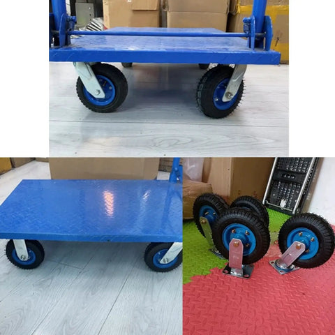 Heavy Duty Rubber Swivel Caster Wheels 6 8 10 Inch Pneumatic quiet rolling utility cart casters with reinforced steel hub on blue cart.