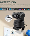 Next Level Dual Camera AI Powered PTZ 4K Webcam showing dual lenses and USB plug for streaming and video calls.