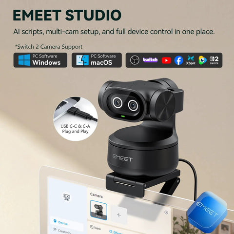 Next Level Dual Camera AI Powered PTZ 4K Webcam showing dual lenses and USB plug for streaming and video calls.