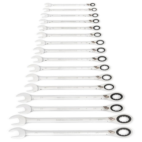 16 Piece Reversible Ratcheting Combination Wrench Set Metric With Flush Mounted Reversing Lever And Off Corner Loading Design