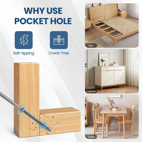 Pocket Hole Screws No 8 Size Two And A Half Inch 300 Pcs Heavy Duty Coarse Thread Blue Anti Rust Coating Exterior Wood Screws With Self Tapping Tip Washer Head Square Drive And 150mm Drive Bit Included used in wood furniture assembly.