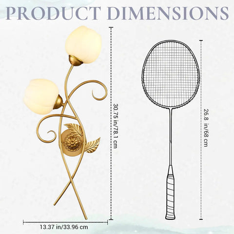 Gold wall sconces set of two with thick clear glass shades modern black and brass vanity lights dimensions shown next to a racket.