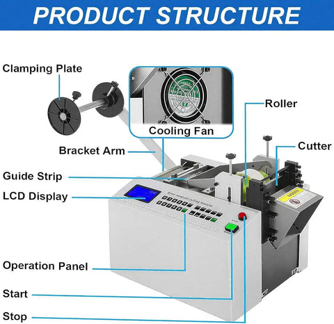 Industrial Grade Automatic Heat Shrink Tube Cutter Machine With Microcomputer Control For High Speed Electric Tubing and Sleeving Cutting Up To Ninemillimeters Width Wide Precision Slicing Tool showing components and operation panel.