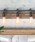 Rustic Wood And Oil Rubbed Metal Vanity Lights Farmhouse Wall Sconces with three adjustable sockets over bathroom mirror.