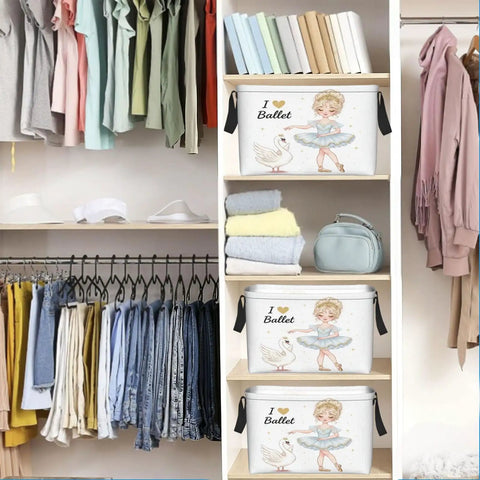 Rectangular Waterproof Fabric Storage Basket Featuring A Snazzy Printed Design with ballet theme in organized closet setting.