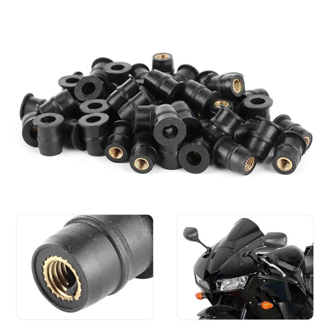 Super Tough M5 Rubber Nuts For Motorcycle And Atv Windscreen Fairing Fasteners tightly grouped in a pile with brass inserts.