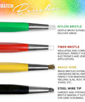 Scratch Brush Pen Set With Replacement Tips For Rust Corrosion Jewelry Circuit Boards And Auto Body Work All In One Go To 8 Piece Kit Featuring Brass Steel Nylon And Fiberglass Bristles And Flexible Length End Cap image showing nylon, fiber, brass, and steel bristle pens.