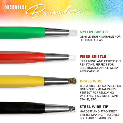 Scratch Brush Pen Set With Replacement Tips For Rust Corrosion Jewelry Circuit Boards And Auto Body Work All In One Go To 8 Piece Kit Featuring Brass Steel Nylon And Fiberglass Bristles And Flexible Length End Cap image showing nylon, fiber, brass, and steel bristle pens.