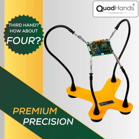 Four Gooseneck Soldering Helper With Sturdy Base And Rotating Stainless Alligator Clamps holding circuit board