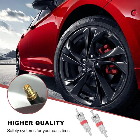 Red car with Premium Tire Valve Core Kit 10 Pack Replacement For Cars, Motorcycles, Bicycles And Trucks, durable valve cores.