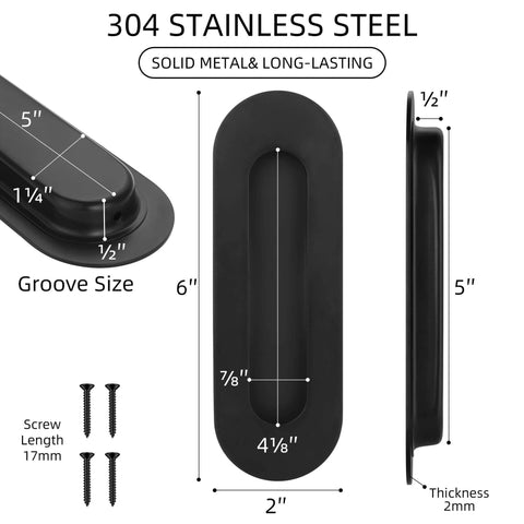 Diagram of 6 Inch Oval Black Pocket Door Pull Heavy Duty Stainless Steel Finger Flush Pull For Closet And Sliding Barn Doors 2 Pack with dimensions.