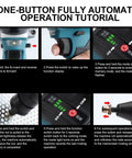 Cordless 26V Portable Electric Rivet Gun Kit With Brushless Blind Riveter For Aluminum Iron Steel Rechargeable Battery Complete Tool Set For Fast Clean Metal Joining On The Go showing one-button operation tutorial