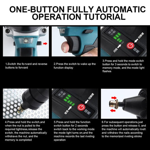 Cordless 26V Portable Electric Rivet Gun Kit With Brushless Blind Riveter For Aluminum Iron Steel Rechargeable Battery Complete Tool Set For Fast Clean Metal Joining On The Go showing one-button operation tutorial