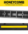 2 Pack Garage Parking Stopper For Garage And Driveway, 16.9 Inch Wheel Stop Bumper With Reflective Yellow Strip shown in front and back views.