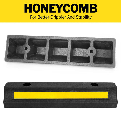 2 Pack Garage Parking Stopper For Garage And Driveway, 16.9 Inch Wheel Stop Bumper With Reflective Yellow Strip shown in front and back views.