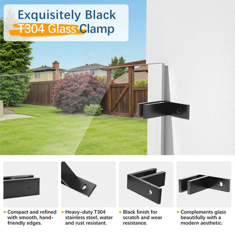 Two Pack Matte Black Wall To Glass Clamp For 90 Degree Railing Heavy Duty T304 Stainless Steel Clips Fit 3/8 To 1/2 Inch Glass (10-13mm)