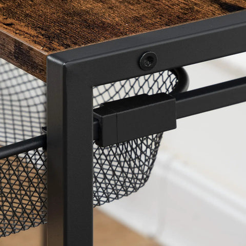 Close-up of metal frame and wood finish of Under Desk Printer Stand With Wheels, Industrial Grade 2 Tier Printer Cart On Casters.