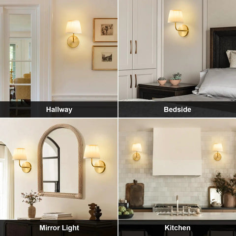 Top Tier Battery Operated Wall Sconces With Wrinkle Free Fabric Shade And Handy Remote Control For Chill Ambient Bedroom Lighting Modern Room Upgrade Set displayed in hallway, bedside, mirror light, and kitchen settings.