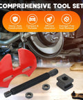 Wheel hub removal tool set with red curved puller, black threaded rod, washers, and square mounting block.