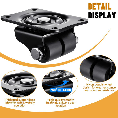 Zero Hassle 8 Pack Heavy Duty 1 Inch Caster Wheels With Low Profile Plate And 360 Degree Swivel Action showing nylon double wheel design.