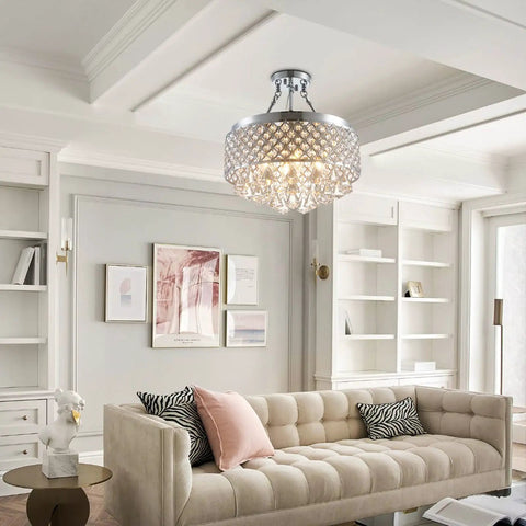 Sleek Modern Crystal Chandelier Pendant Light With Sparkling Raindrop Crystals, Semi Flush Mount in a stylish living room.
