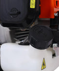 Close-up of fuel tank cap on Portable Gas Powered Backpack Sprayer for garden and farm use with two stroke engine.