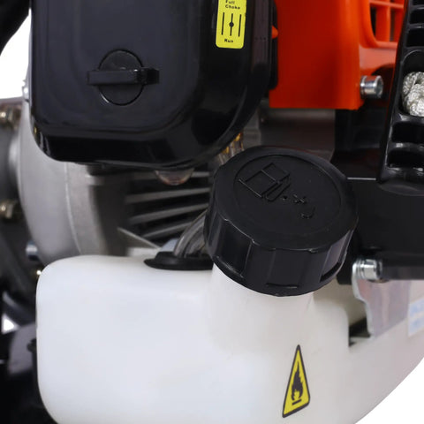 Close-up of fuel tank cap on Portable Gas Powered Backpack Sprayer for garden and farm use with two stroke engine.