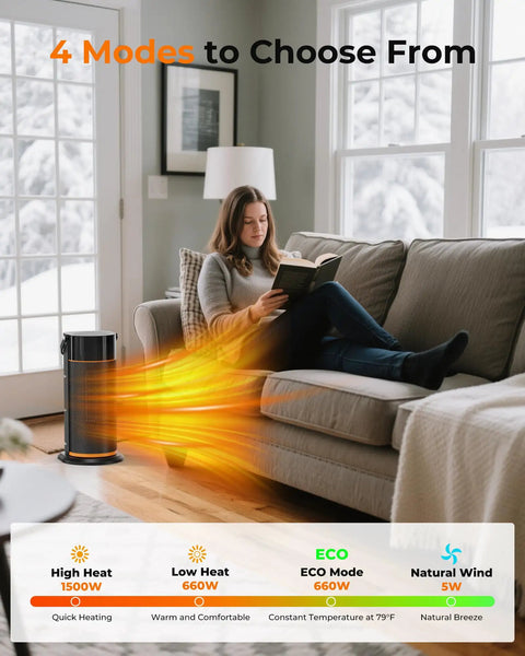 Woman reading by Portable Electric Space Heater With 1500W PTC Ceramic Heating Remote Timer 70 Degree Swing LED Display