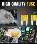 Hand inserting a yellow standard mini fuse in a fuse box, showcasing high quality and features of Rig Ready 372 Piece Car Fuse Assortment Kit Standard Mini Micro2 Blade Fuses With Slick Puller For Trucks Trailers And Boats 2A To 35A Multi Pack That Every Driver Swears By.