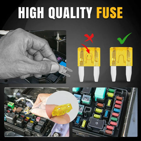 Hand inserting a yellow standard mini fuse in a fuse box, showcasing high quality and features of Rig Ready 372 Piece Car Fuse Assortment Kit Standard Mini Micro2 Blade Fuses With Slick Puller For Trucks Trailers And Boats 2A To 35A Multi Pack That Every Driver Swears By.
