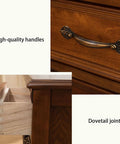 Close-up of Heavy Duty Double Pole Clothes Rack With Roomy Built In Storage Drawers For Long Coats showcasing handles and dovetail joints.