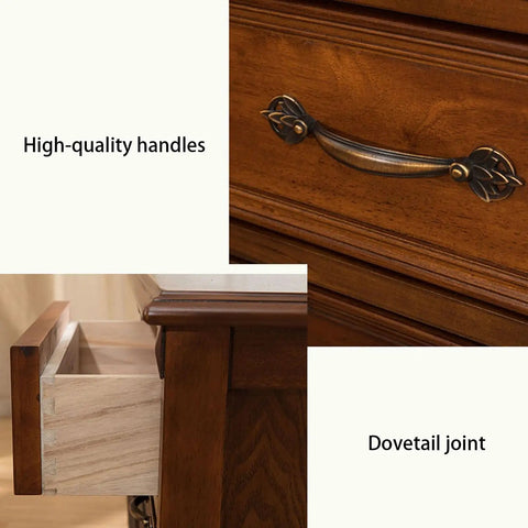 Close-up of Heavy Duty Double Pole Clothes Rack With Roomy Built In Storage Drawers For Long Coats showcasing handles and dovetail joints.