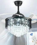 Dope Crystal Ceiling Fan With Remote, black dimmable fandelier with retractable blades, ceiling view with remote control.