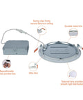 Diagram showing parts of 6 Inch Canless LED Recessed Downlight 12 Pack 3000K 900 Lumens Wet Rated Ultra Slim, including clips and trim