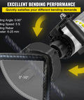 Close-up of VEVOR Hydraulic Electric Rebar Bender 1.5 KW Handheld Bending Machine showing bending performance, angle gauge, and steel bar.