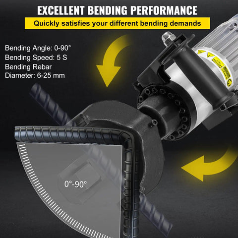 Close-up of VEVOR Hydraulic Electric Rebar Bender 1.5 KW Handheld Bending Machine showing bending performance, angle gauge, and steel bar.