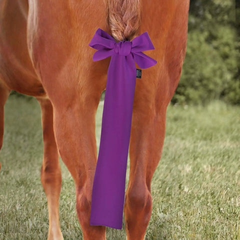 Breathable Horse Tail Guard Slip On Design With 2 Strand Straps 22 Inch Length Purple Patterned Tail Bag for equestrian rides.