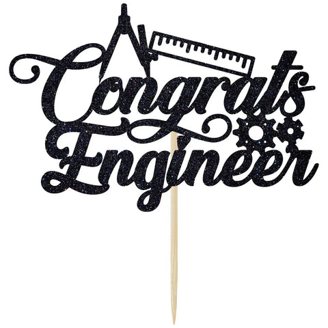 Engineer Graduation Cake Topper For Class Of 2026 featuring black glitter cardstock with engineering symbols on wooden stick.
