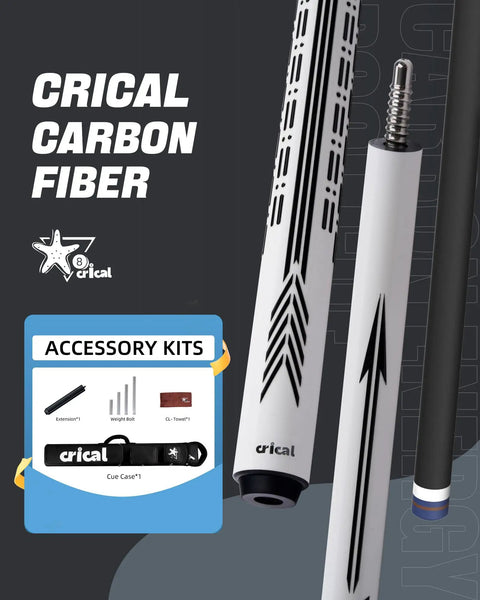 Top Shelf 58 Inch Carbon Fiber Pool Cue Stick Set Offering Dead Nuts Low Deflection Pro Taper Shaft And Slick Wrapless Grip With Extension Kit Hard Case Weight Bolts Towel For Serious League Play, showcasing white carbon fiber grip and accessories.