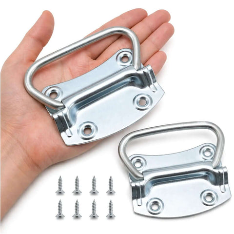 3-1/2 Inch Chest Handles, Two Pack, Steel Surface Mount Pull Ring Handles, Zinc Plated with included screws, held by a hand