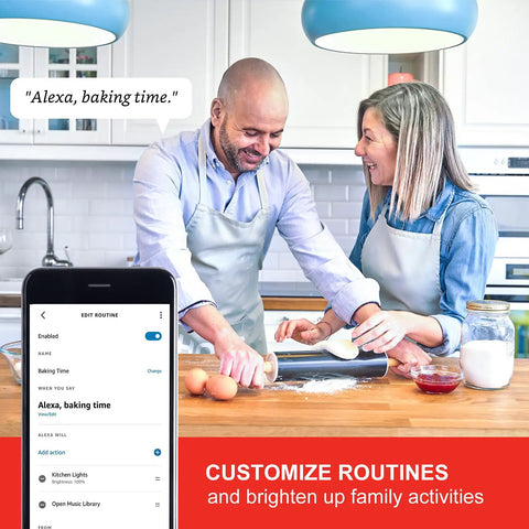 Couple in kitchen using Zigbee Smart Light Bulbs With Hub Required Sold Separately, Works With SmartThings, Alexa Voice Control app.