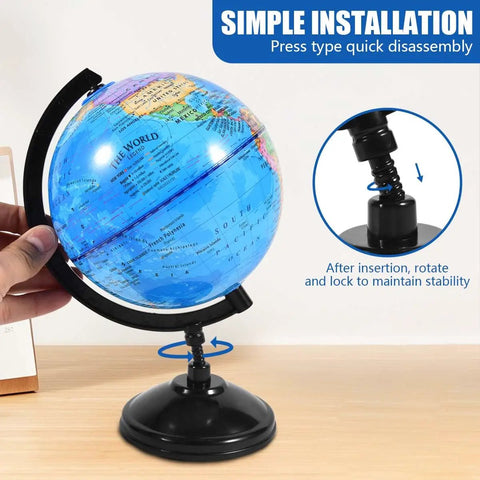 Rotating 6 Inch World Globe With Stand Kid Friendly For Learning Geography At School Or At Home shown with installation close-up