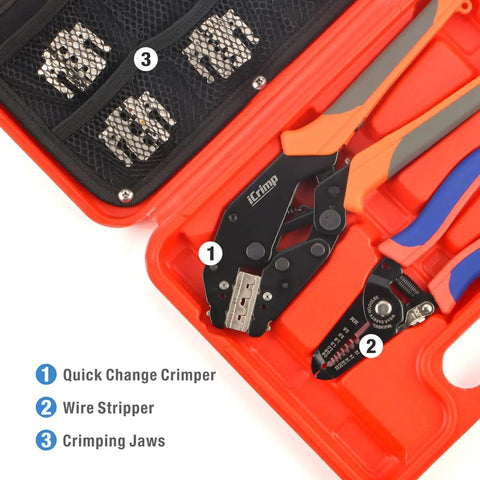 8 Piece Ratcheting Wire Crimping Tool Set With Quick Change Dies For Insulated Heat Shrink And Non Insulated Terminals Battery Cable Lugs IWS4 Solar Connectors Ferrules And Built In Wire Stripper